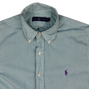 Ralph Lauren Men's L Button‎ Down Long Sleeve Striped Shirt Purple Logo